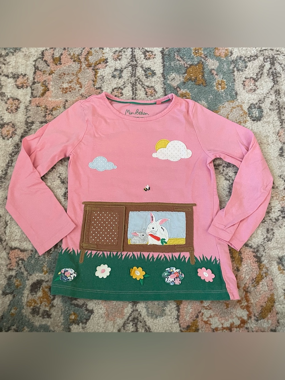 Mini Boden Pink Bunny Guinea Pig Lift Flap Appliqué Long-Sleeve Top for Kids